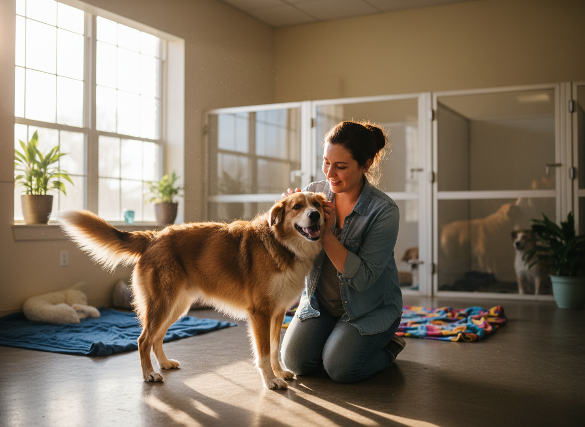 A warm, candid editorial photograph of a joyful mixed-breed rescue dog being gently greeted by a shelter volunteer in a bright, welcoming animal shelter, soft natural window light, cozy golden tones, authentic documentary photography, hopeful and compassionate mood, no text, no logos