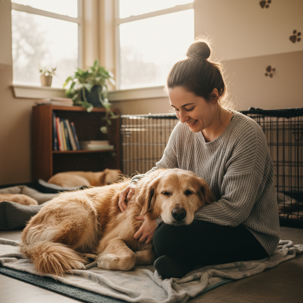 A warm, candid editorial photograph of a gentle rescue dog resting beside a shelter volunteer during a quiet bonding moment, soft golden natural light, cozy animal shelter, authentic documentary photography, hopeful compassionate mood, no text, no logos
