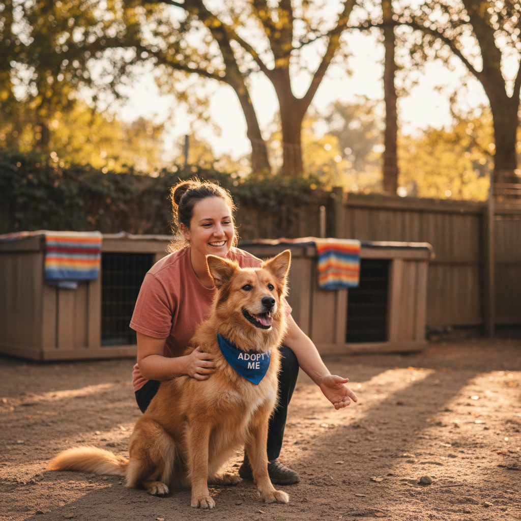 Warm-colored photograph of a happy rescue dog sitting attentively beside a shelter volunteer, ready for adoption, sunny outdoor shelter setting, golden and terracotta tones, authentic candid animal-rescue photography, hopeful and welcoming mood, no black-and-white, no abstract art, no text, no logos