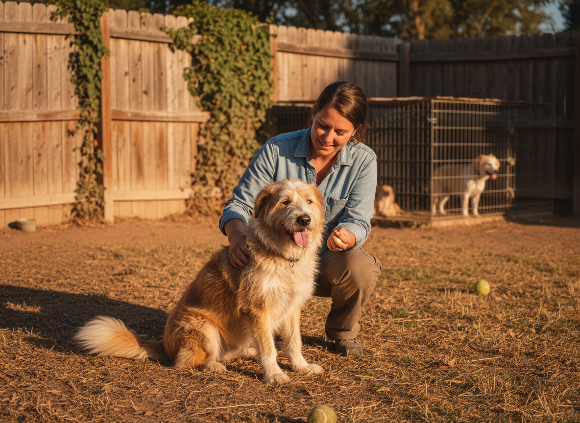 Warm-colored candid documentary photograph of Biscuit, a sweet rescued mixed-breed dog, sitting happily beside a caring shelter volunteer in a sunny outdoor animal shelter yard. Golden-hour light, rich honey and terracotta tones, authentic rescue photography, joyful and hopeful mood, natural interaction, no abstract art, no black-and-white, no text, no logos.