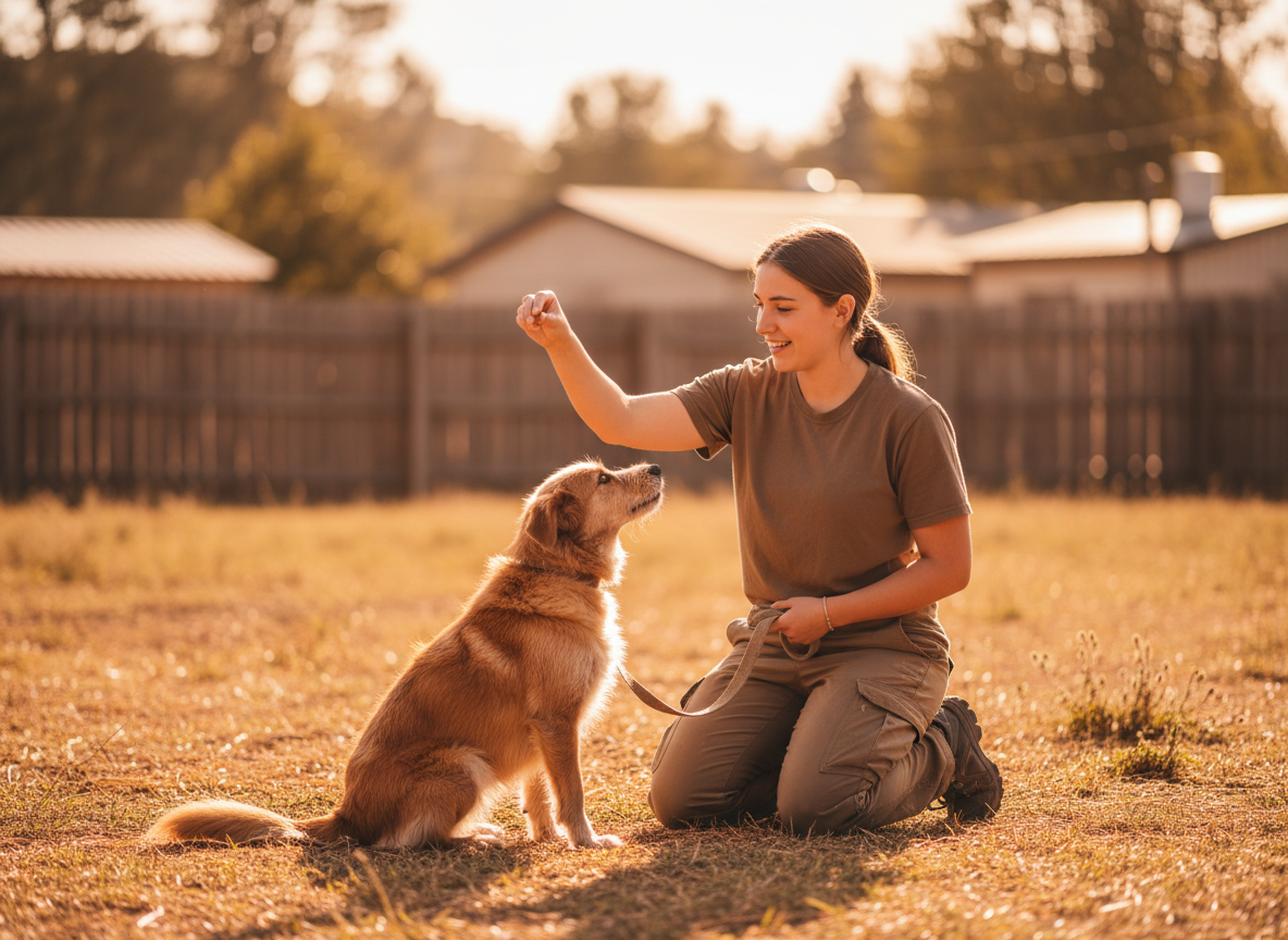 A shelter volunteer training a rescue dog to sit outdoors in warm golden sunlight, hopeful and encouraging mood