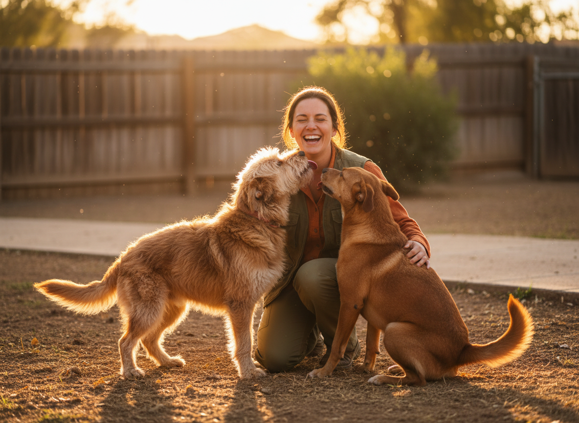 A warm candid photograph of a shelter volunteer with two playful rescue dogs in a sunny shelter yard, golden-hour light, joyful and hopeful mood