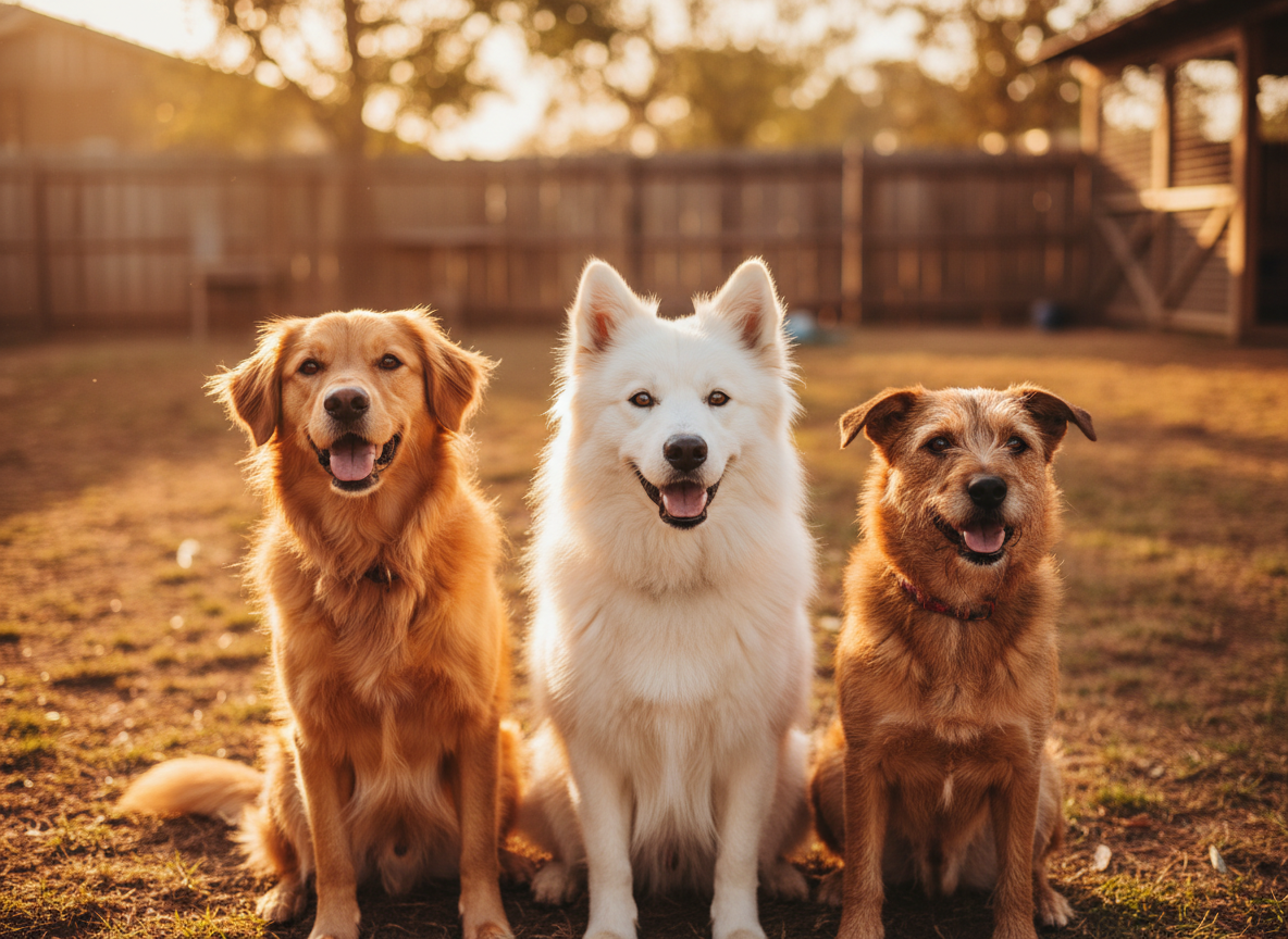 Three happy rescue dogs of different breeds sitting together in a sunlit shelter yard, warm golden tones, heartwarming and welcoming mood