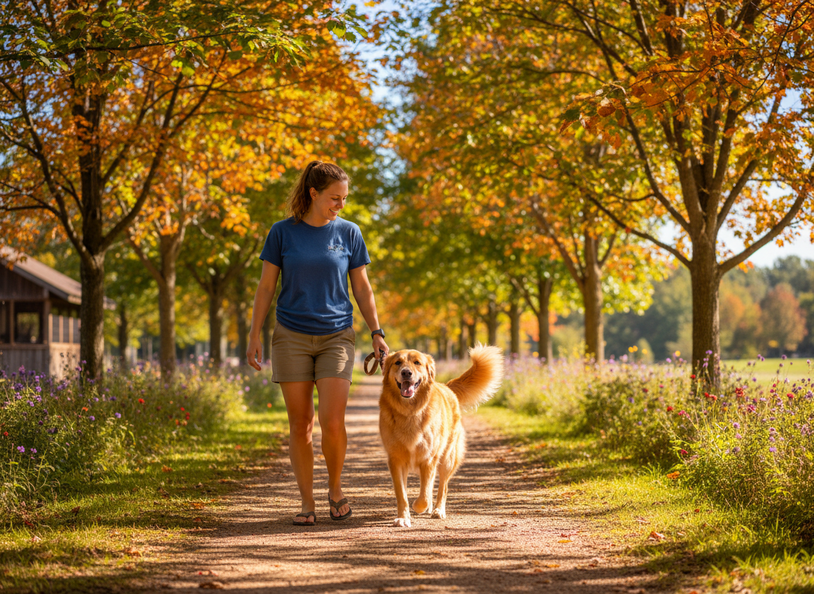 Bright, warm full-color photograph of a gentle happy rescue dog walking beside a smiling shelter volunteer on a sunny tree-lined path, golden natural light filtering through leaves, vibrant joyful colors, authentic candid animal rescue photography, hopeful adoption story mood