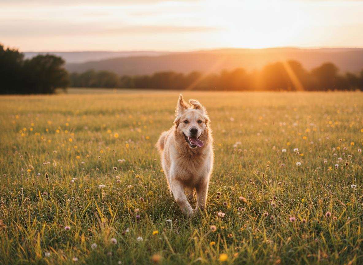Edit the existing hero photograph so the happy rescue dog is much more prominent in the foreground, with the dog's face and expressive eyes clearly visible and well lit. Keep a bright sunny grassy setting with warm natural colors, but leave some clean, softly blurred space around the dog so the homepage headline remains easy to read and invites readers into The Stray Dogs Blog. Realistic candid rescue-dog photography only; no black-and-white, abstract art, text, or logos.