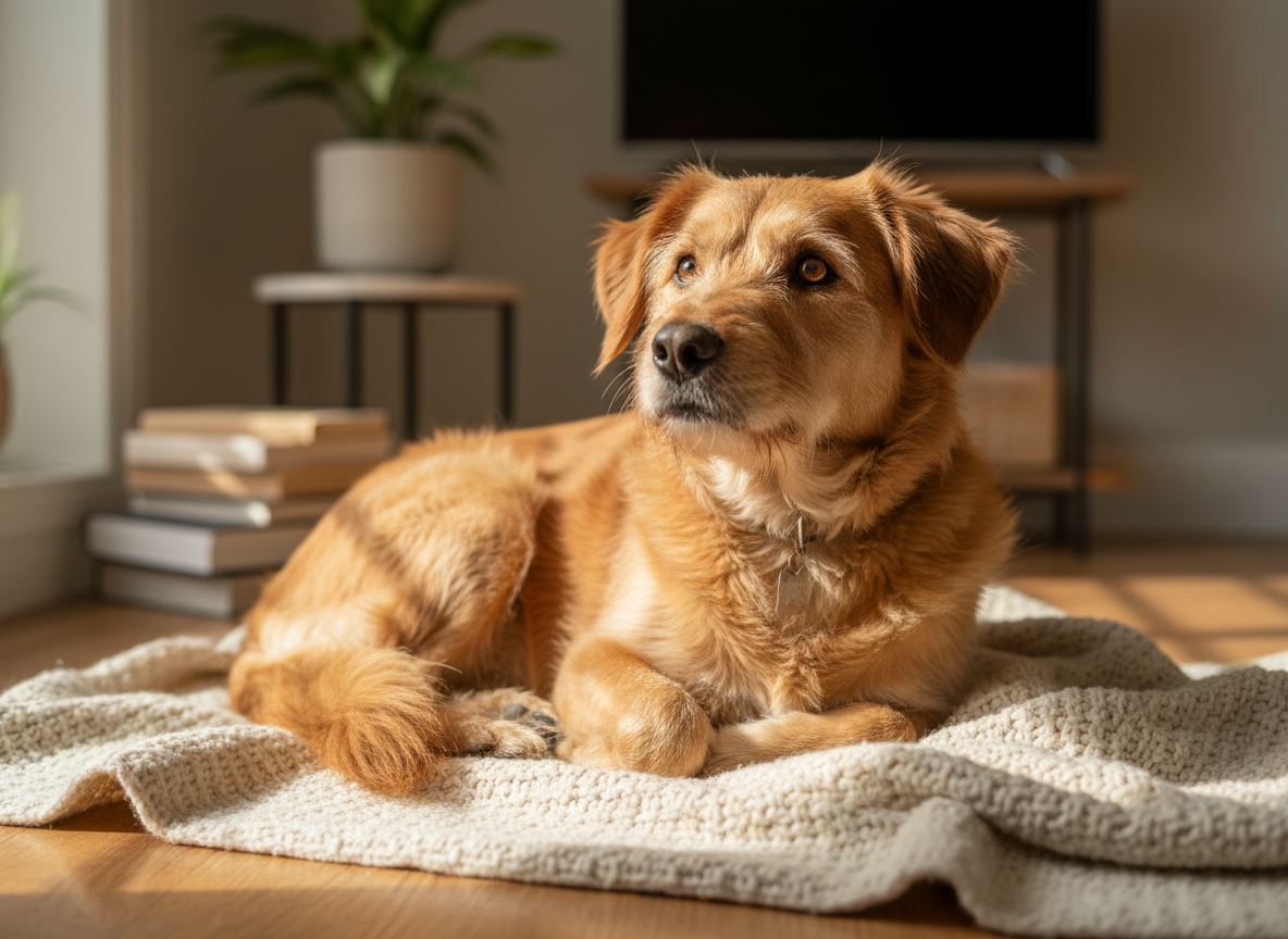 Smiling brown-and-white rescue dog relaxing on a cozy blanket, looking up with hopeful eyes